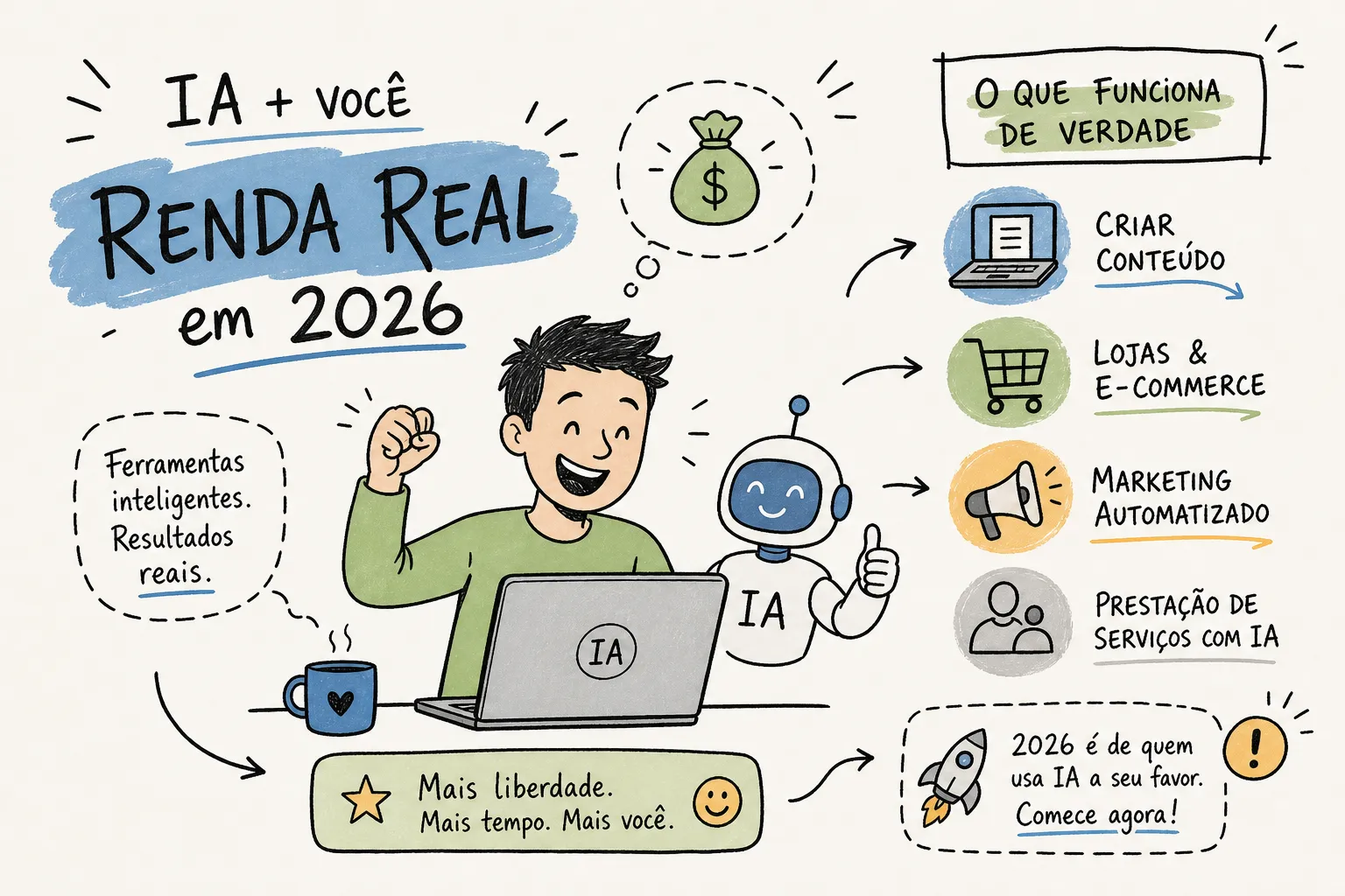 Ilustração com possibilidades de uso da inteligência artificial para gerar renda