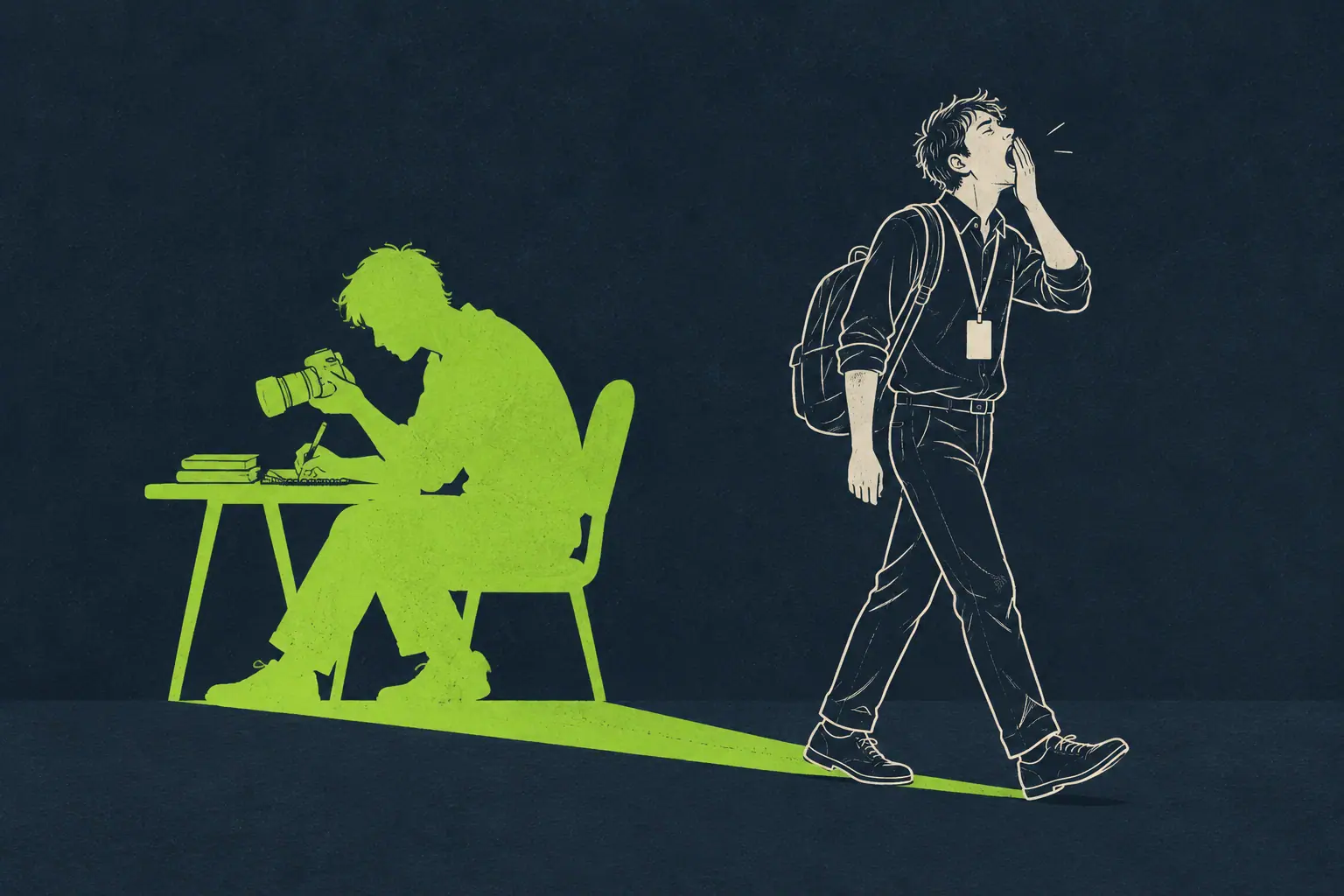 Ilustração de uma pessoa saindo do trabalho com crachá e mochila, bocejando, enquanto a sombra verde dela aparece sentada a uma mesa trabalhando com câmera e caneta.