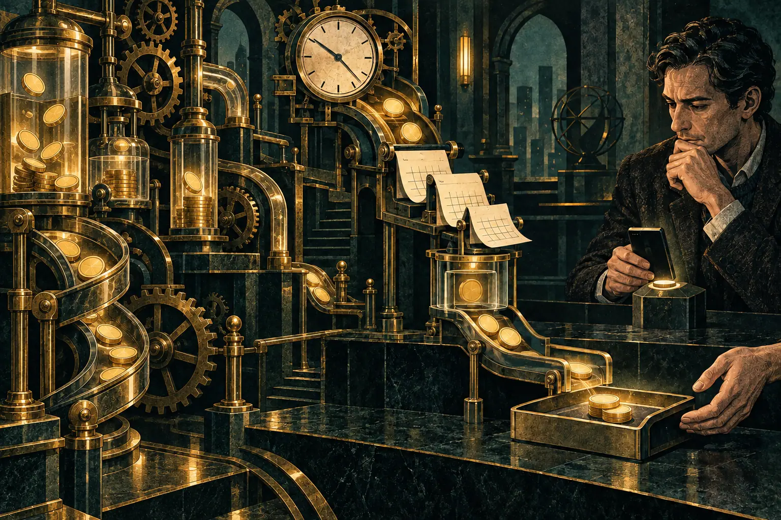 Ilustração de um homem observando moedas percorrerem uma máquina de relógio, calendários e engrenagens até uma bandeja de pagamento.