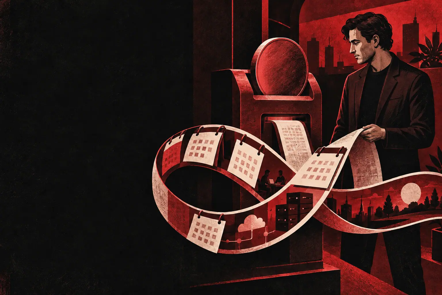 Ilustração em vermelho e preto de um homem diante de uma máquina que recebe uma moeda e projeta uma fita de calendários em forma de infinito.