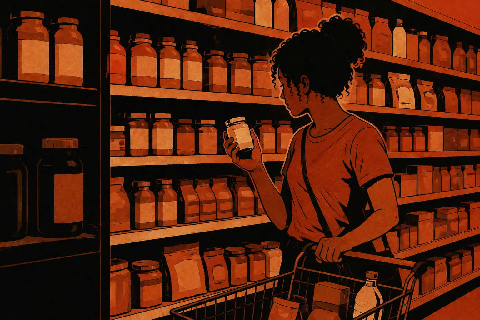 Ilustração em preto e terracota de uma mulher examinando um produto diante das prateleiras de um mercado.